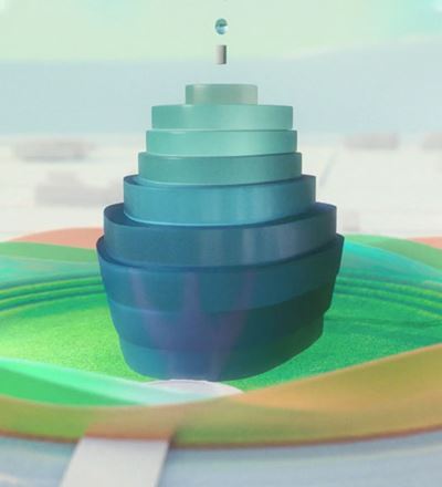 A blue building graphic 