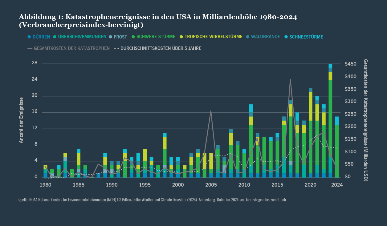 Abbildung 1. US-Milliarden-Dollar-Katastrophenereignisse 1980–2024 (VPI-bereinigt)