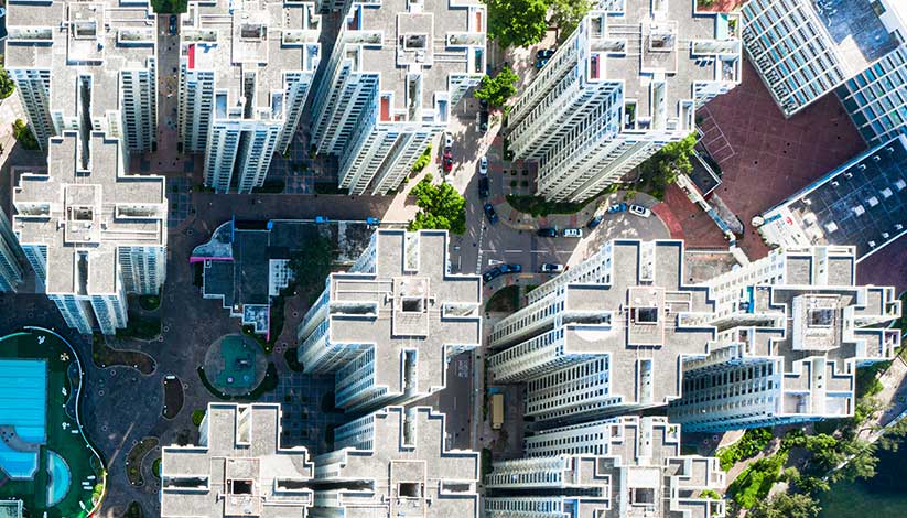 Birds eye view apartment buildings