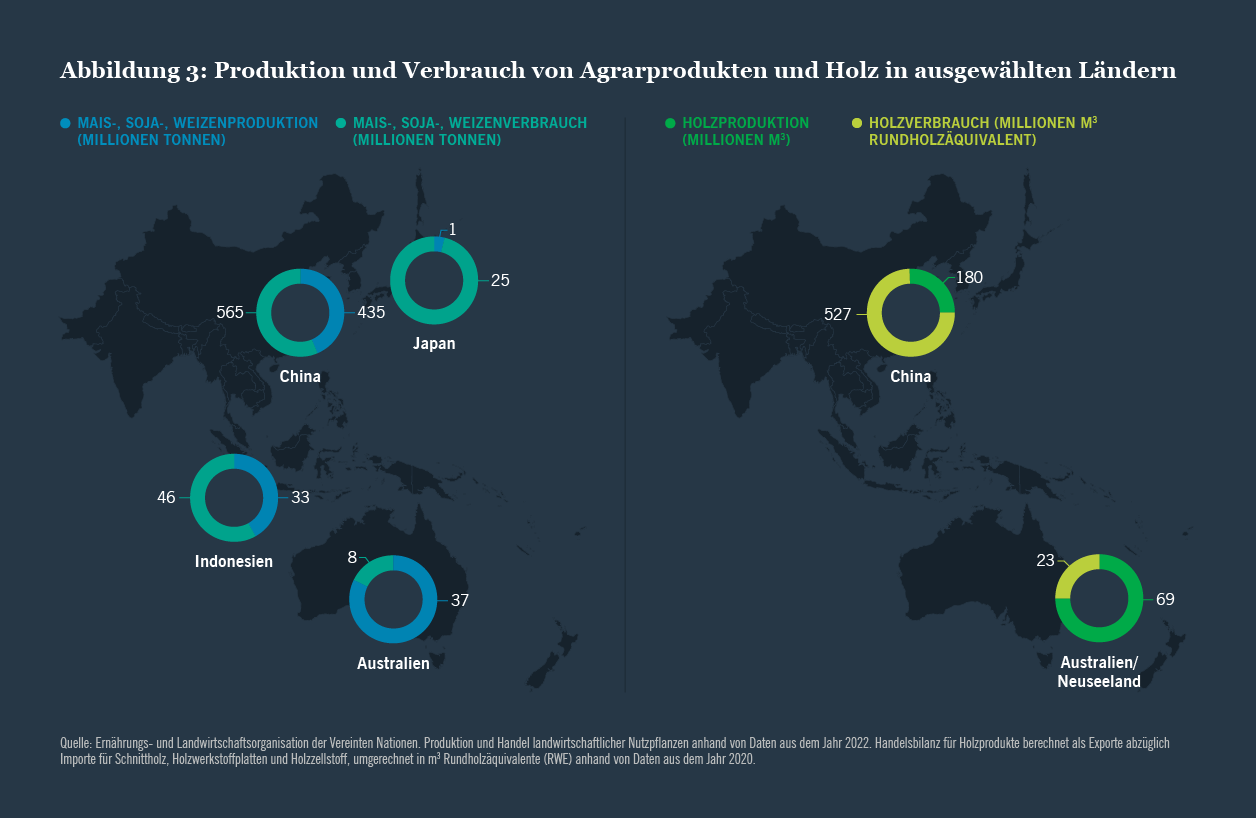 Agrar- und Holzproduktion und -verbrauch in ausgewählten Ländern