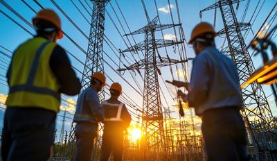 Three men in hard hats stand in front of high voltage power lines, discussing safety measures and project details.