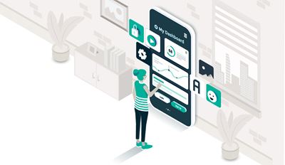 Individual in front of a large screen filled with multiple icons.