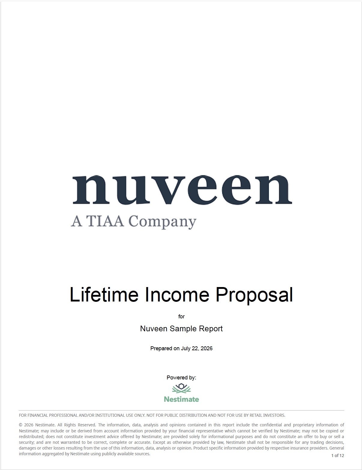 Nuveen lifetime income proposal template featuring financial graphs and charts for retirement planning.