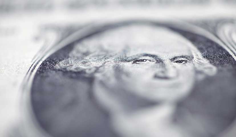 closeup of a USD one dollar bill