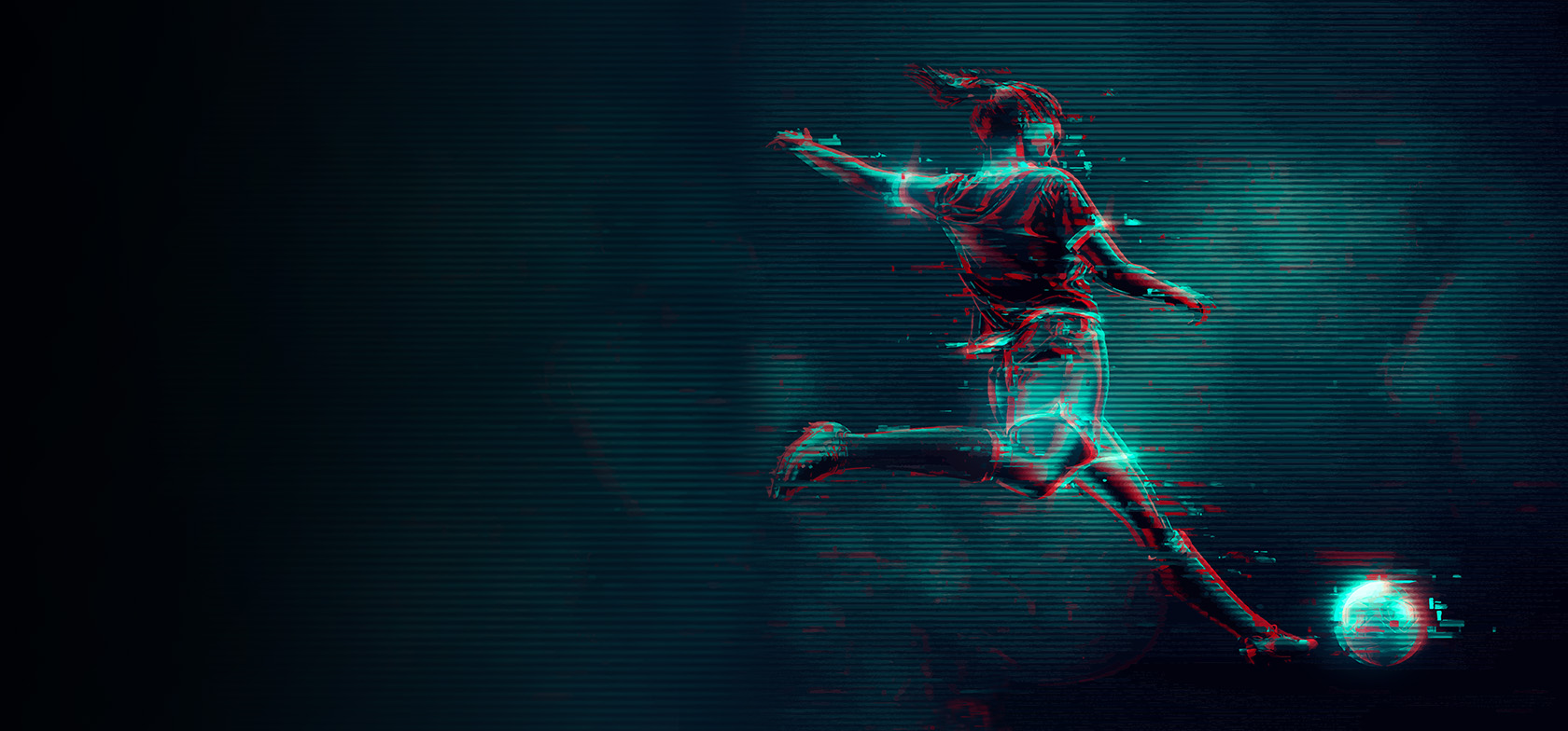 Soccer player kicking a ball with a dark background