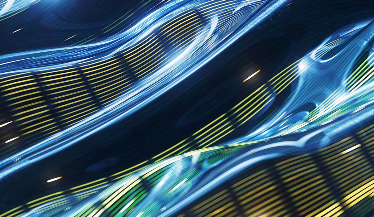 Abstract digital artwork featuring flowing blue and yellow light streams on a dark background.