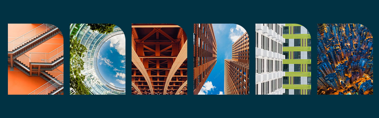 A collage of six architectural photography panels — including an orange staircase, a glass atrium, a steel bridge underside, upward views of tall buildings, a modern facade with green accents, and an aerial city nightscape — arranged on a dark teal background.