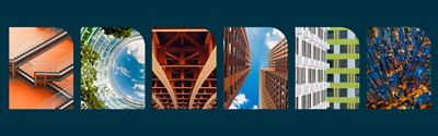A collage of six architectural photography panels — including an orange staircase, a glass atrium, a steel bridge underside, upward views of tall buildings, a modern facade with green accents, and an aerial city nightscape — arranged on a dark teal background.