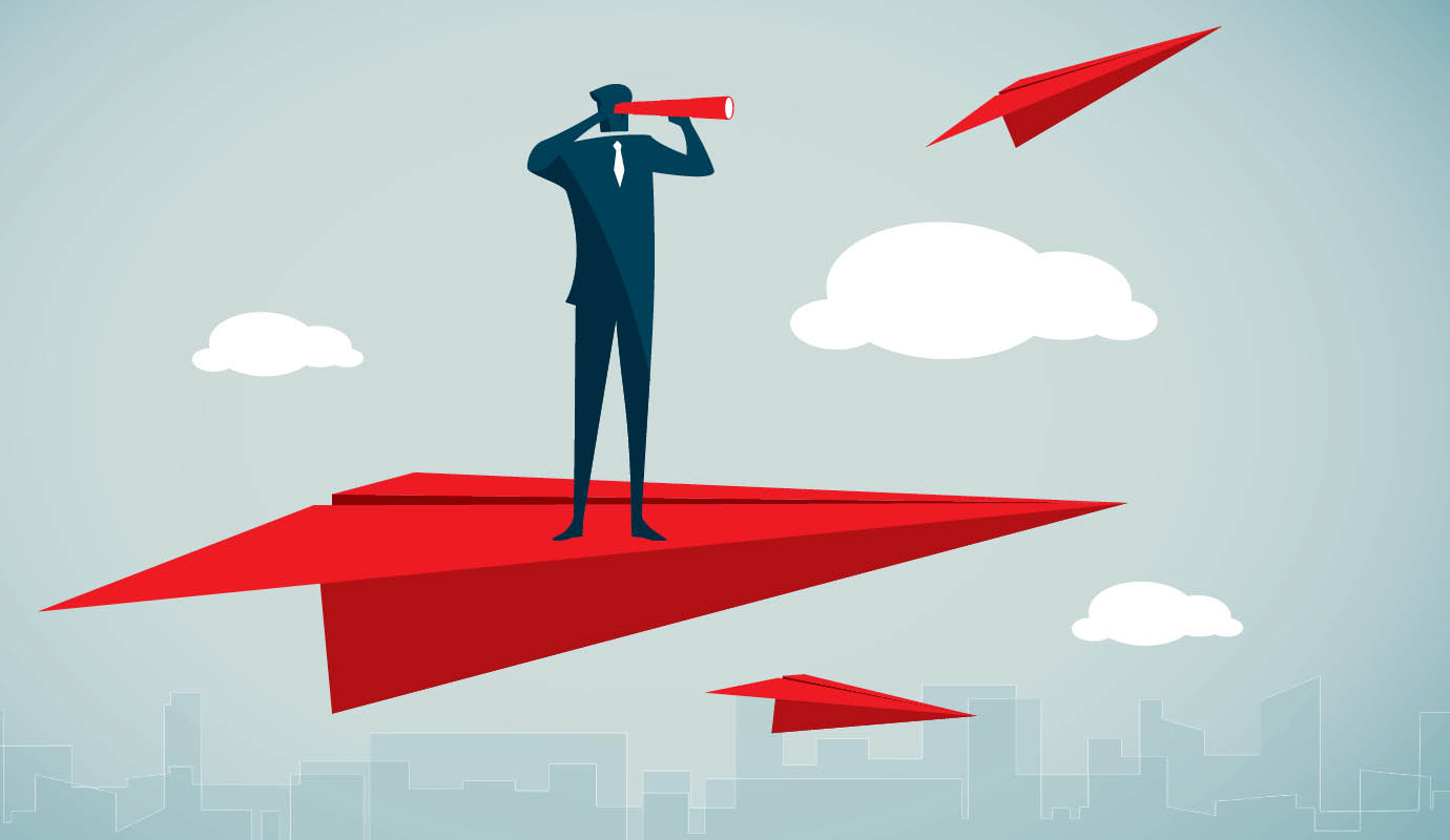 Illustration of a man standing on a paper airplane