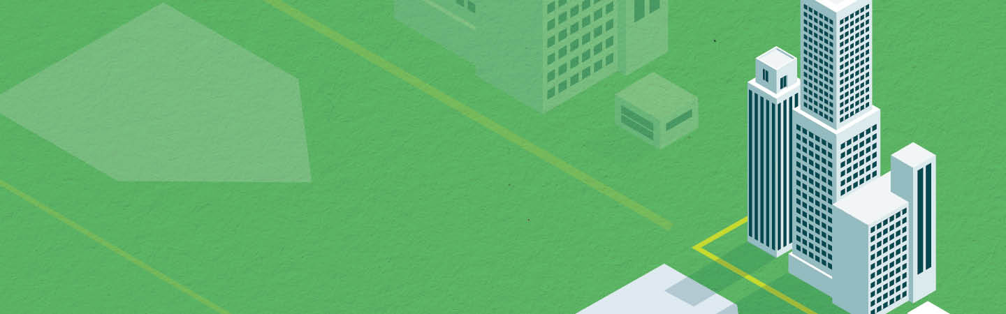Digital art of sky scraper and green field