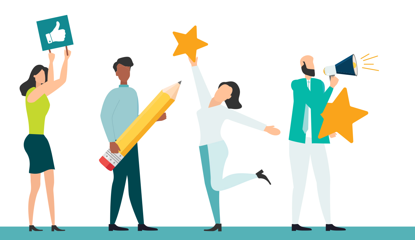 Illustration of four people holding stars, a giant pencil, and a thumbs up sign