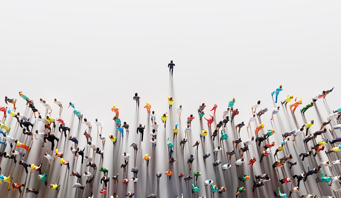 Business leader leading a large group of people