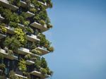 Modern high-rise building with lush green trees and plants growing on multiple balconies, set against a clear blue sky.