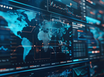 Global data analytics dashboard displaying a world map with charts, graphs, and real-time performance metrics used for business intelligence and monitoring.