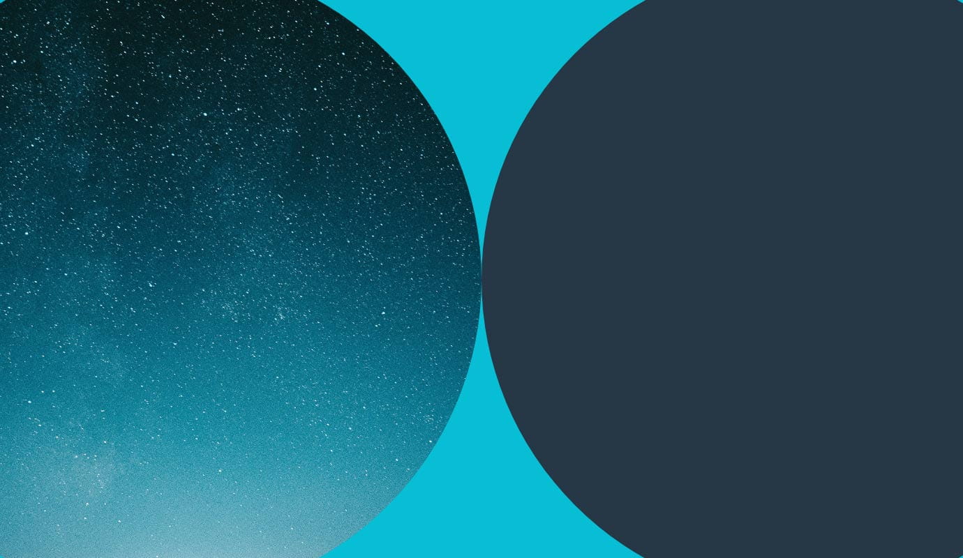 Blue hourglass with a galaxy circle on the left and a solid navy blue circle on the right