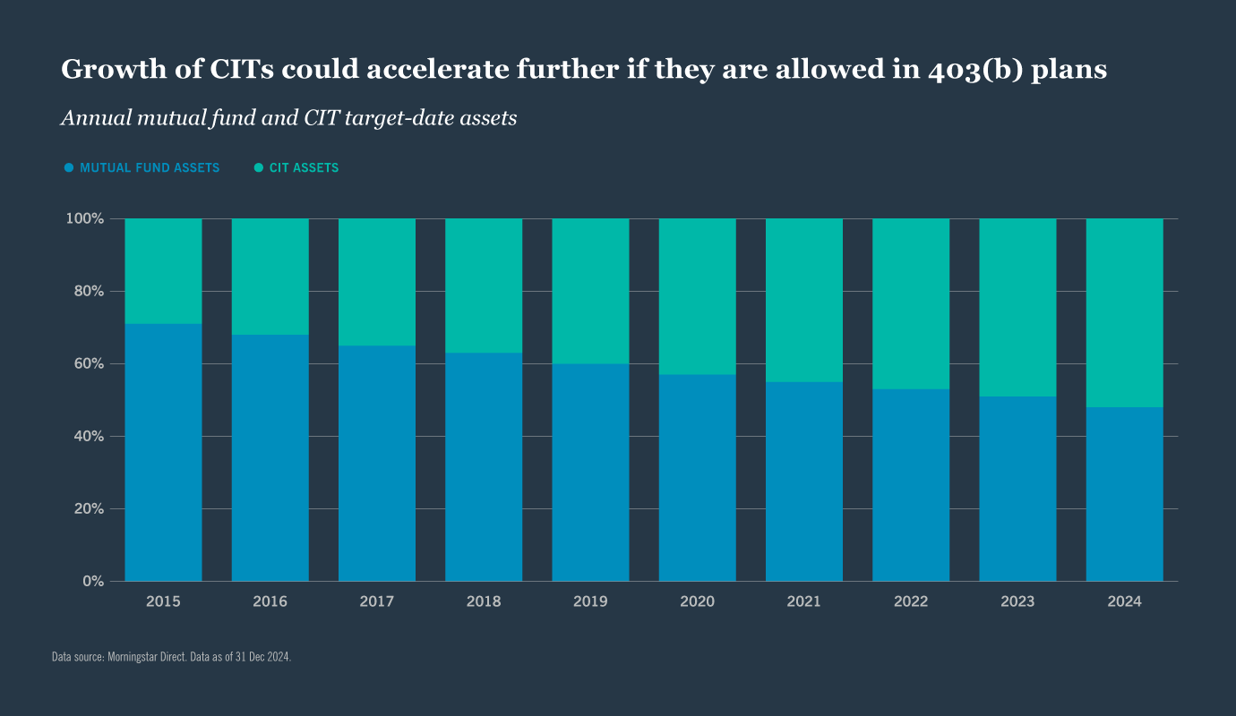 Morningstar Direct. Data on the split of annual mutual fund & CIT target date assets in 403(b) plans, as of 31 Dec 2024
