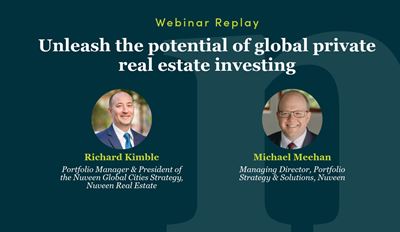 Image featuring two photos of presenters with the title Webinar replay - Unleash the potential of global private real estate investing