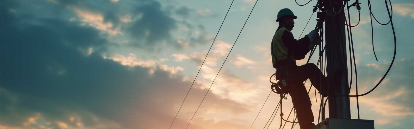 A utility worker climbs a utility pole at dusk