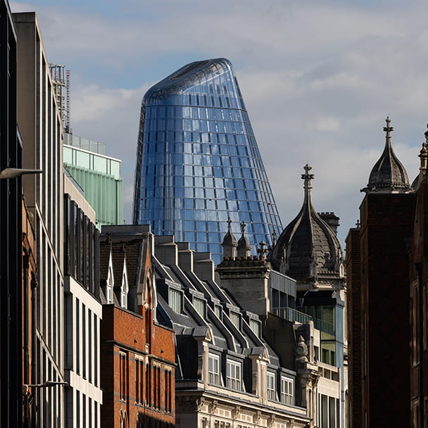 A blue building in a city
