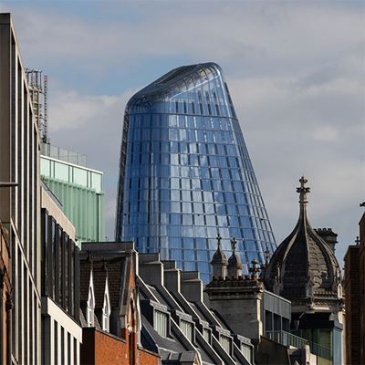 A blue building in a city