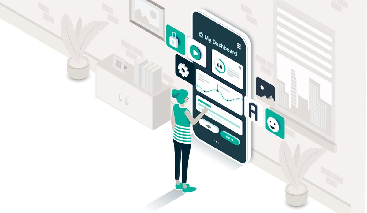 Individual in front of a large screen filled with multiple icons.