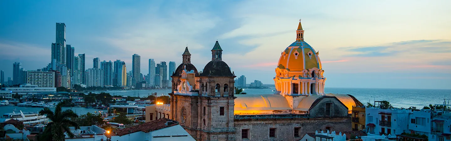 A historical building with a city skyline backdrop