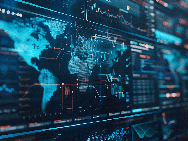 Global data analytics dashboard displaying a world map with charts, graphs, and real-time performance metrics used for business intelligence and monitoring.