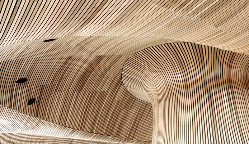 Curved wooden slat interior with smooth, wave-like ceiling and walls creating a modern, organic design.