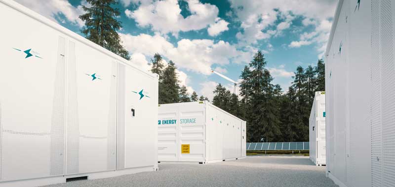 AI generated image of energy storage and solar panels