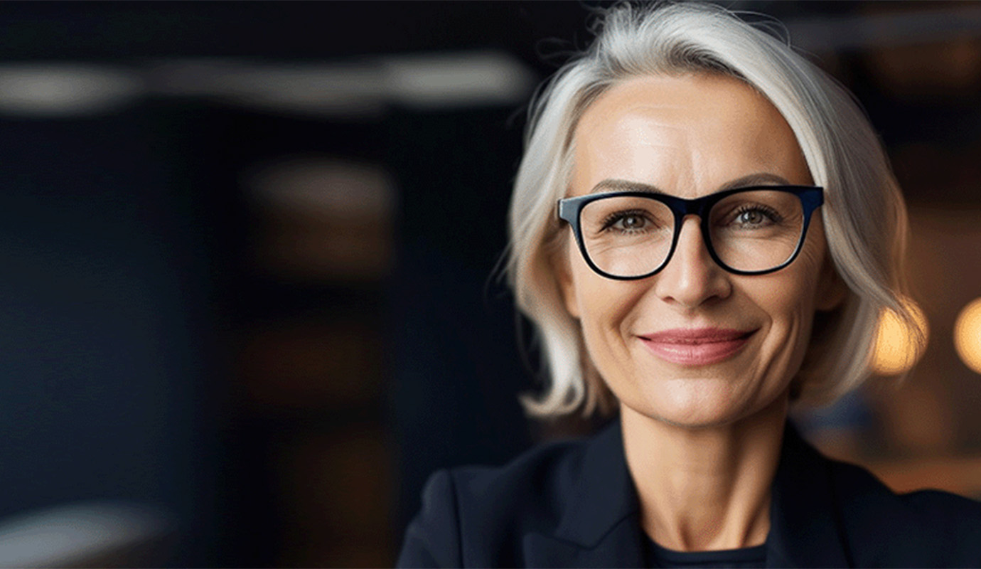 Woman with glasses looking towards camera