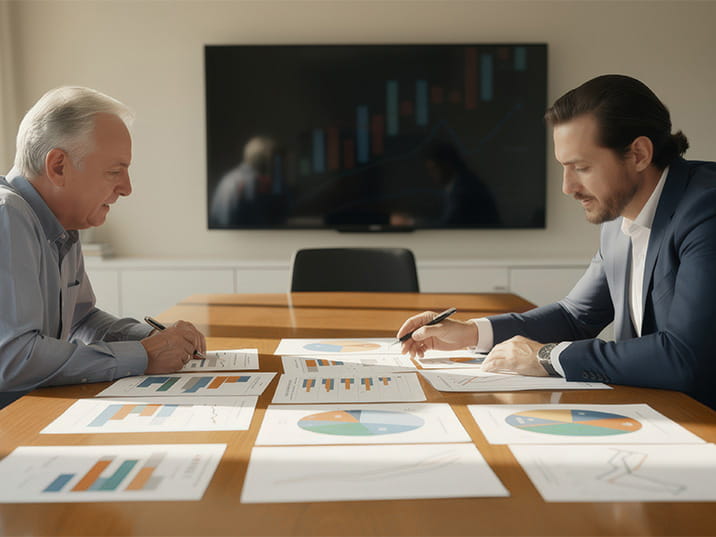 Advisor and client discussing financial data and charts.
