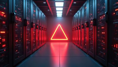 Neon red triangle glowing at the end of a red-lit server room aisle.