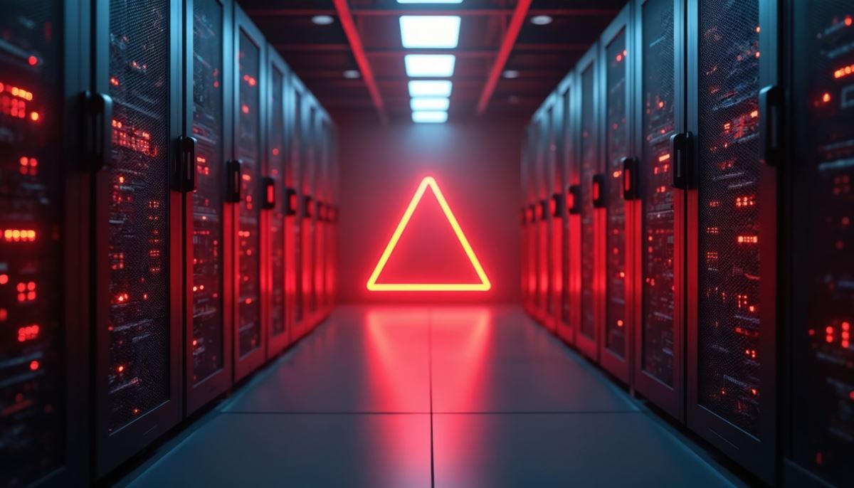 Neon red triangle glowing at the end of a red-lit server room aisle.