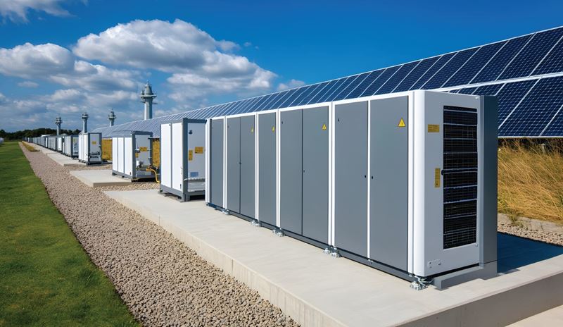 A row of large solar battery storage units positioned beneath solar panel arrays in an open field under a blue sky with clouds.