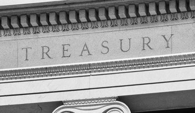 "Treasury" carved on building facade.