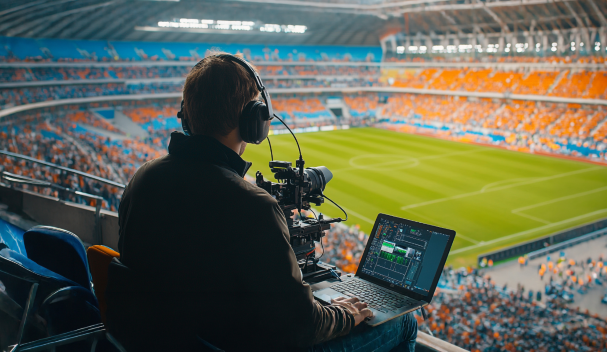Camera man with laptop in soccer stadium