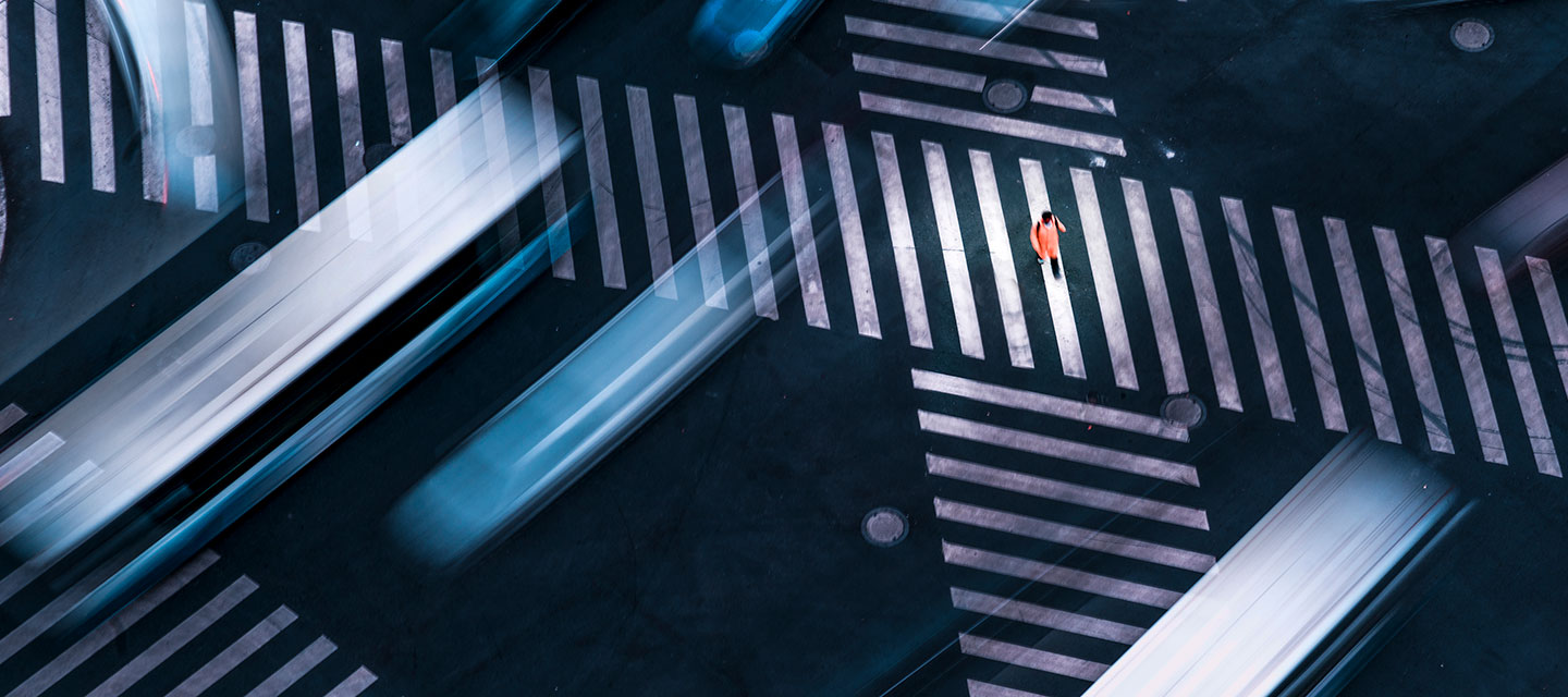 Busy intersecting crosswalks