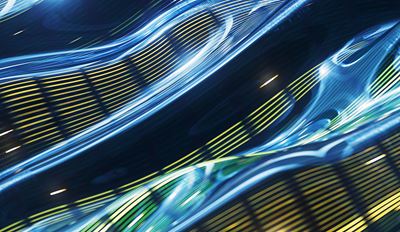 Abstract digital artwork featuring flowing blue and yellow light streams on a dark background.