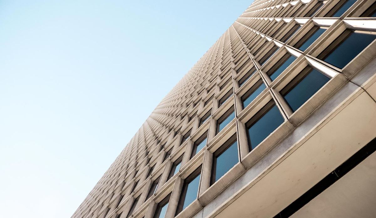 Bottom up view of building.