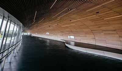 Modern curved hallway with wooden ceiling and large glass windows.