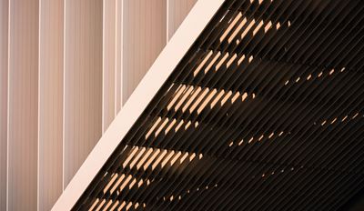 Abstract architectural facade with diagonal slats and vertical panels.
