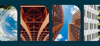 A collage of six architectural photography panels — including an orange staircase, a glass atrium, a steel bridge underside, upward views of tall buildings, a modern facade with green accents, and an aerial city nightscape — arranged on a dark teal background.