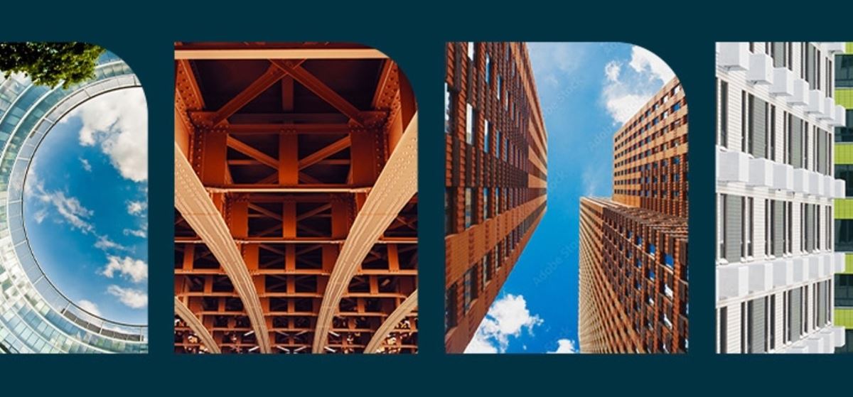 A collage of six architectural photography panels — including an orange staircase, a glass atrium, a steel bridge underside, upward views of tall buildings, a modern facade with green accents, and an aerial city nightscape — arranged on a dark teal background.