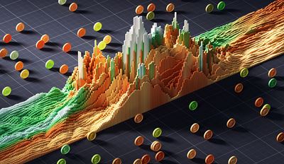 A 3D model of a mountain adorned with various colored dots representing different elevations and features.