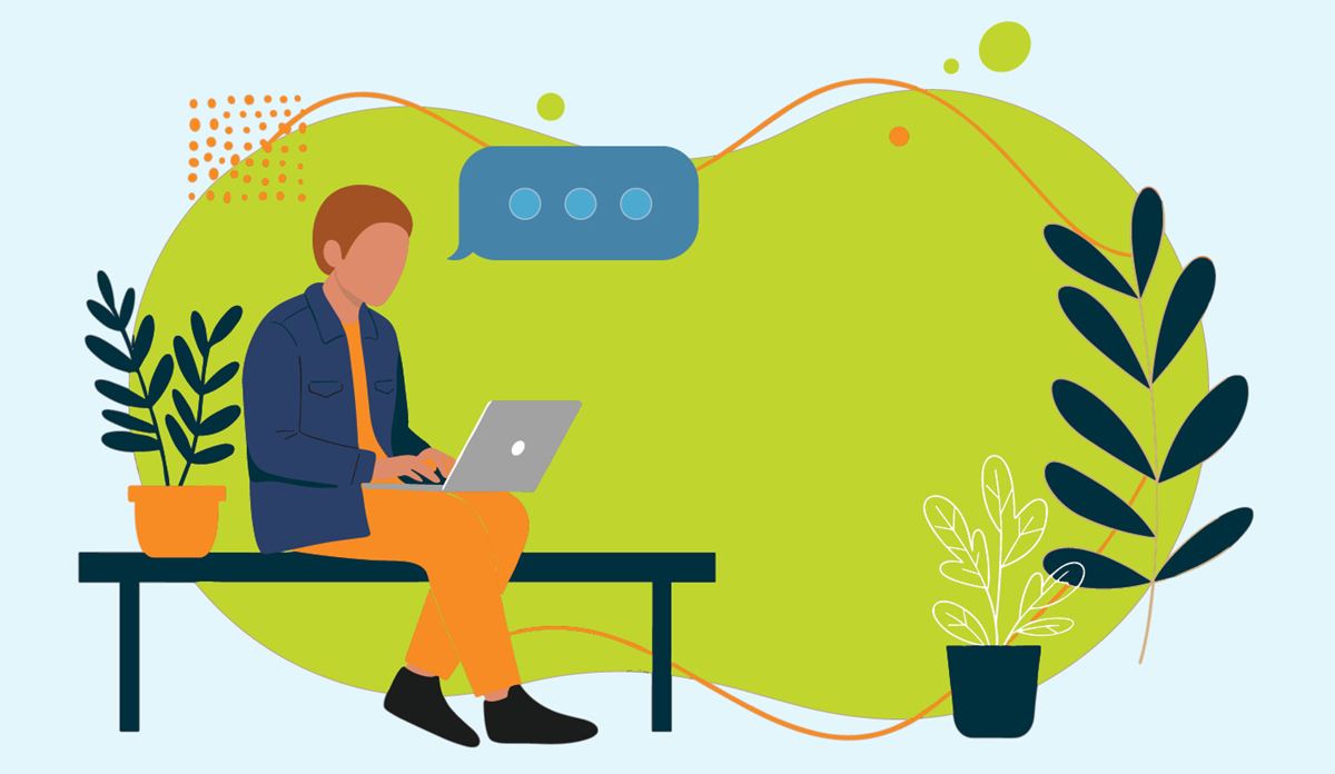 Animated man working on laptop