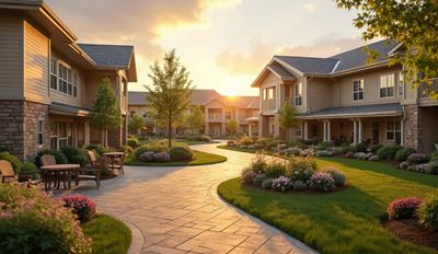 Exterior courtyard of a senior living community at sunset, featuring manicured gardens, a winding stone pathway, and two-story residential buildings.