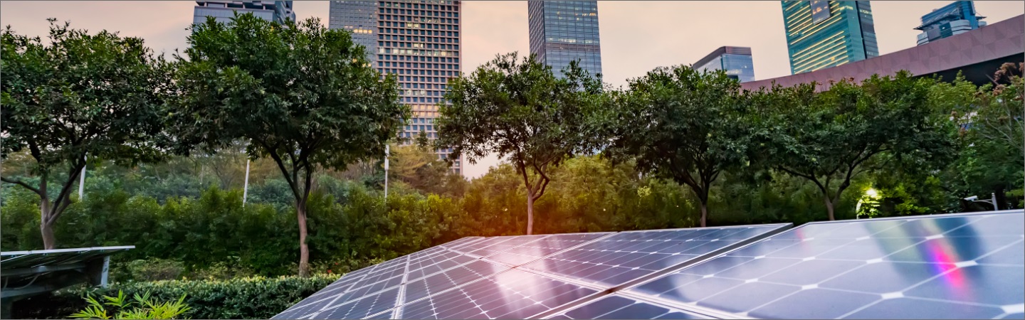 A solar panel in a city