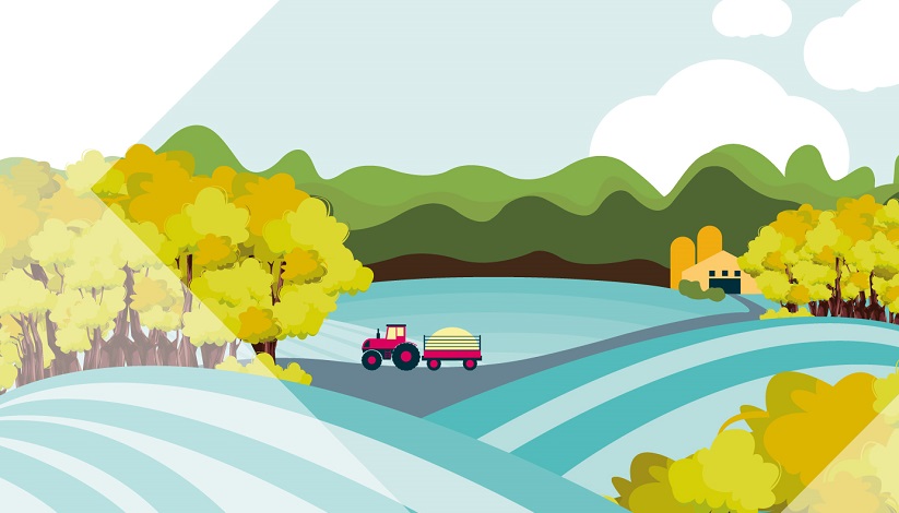 An illustration of a tractor on farmland
