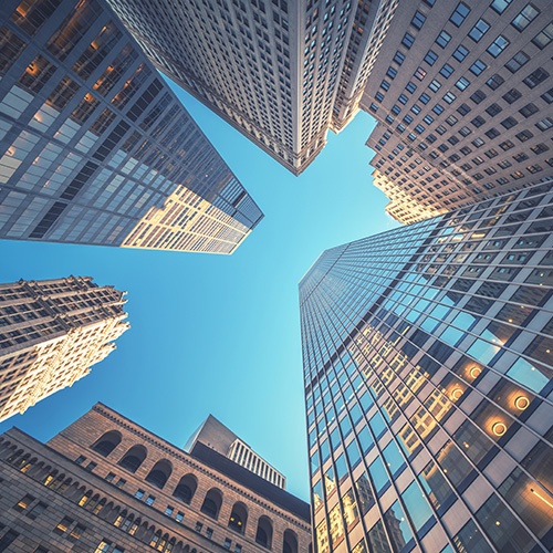 sky-view from bottom between high-rise buildings