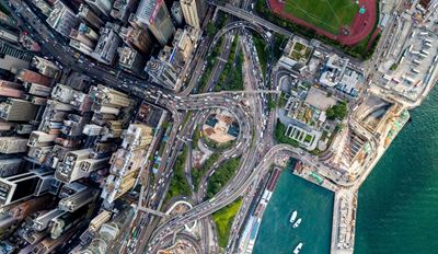 Top down view of a city near the coast